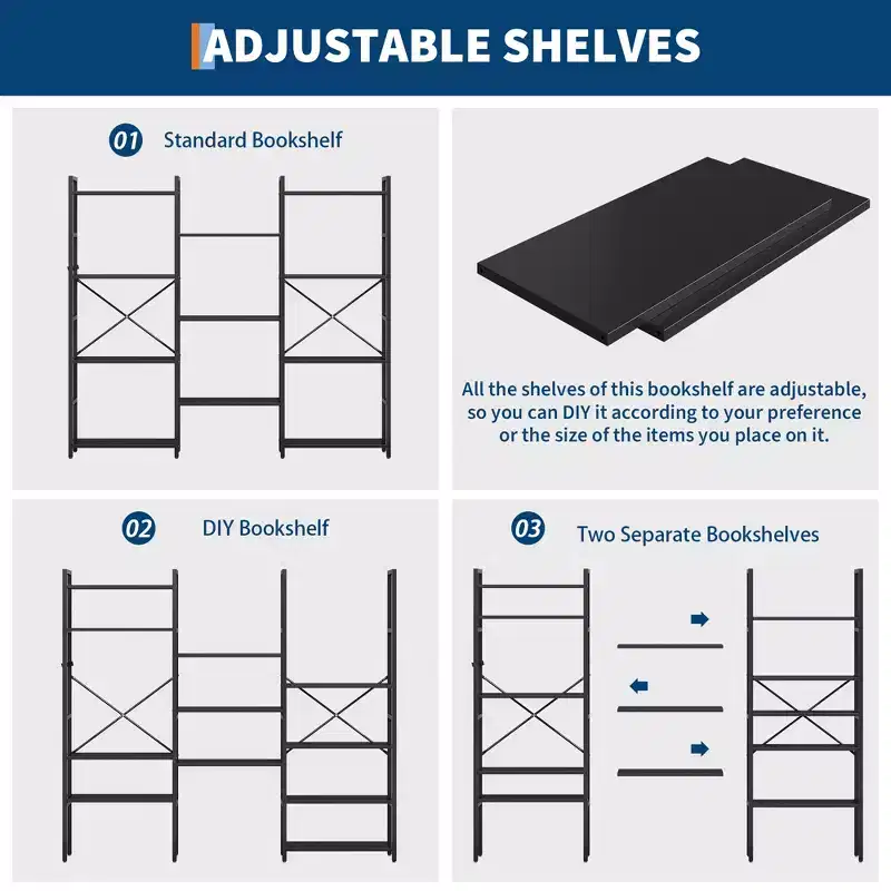 4-Tier Industrial Bookshelf with Adjustable Wood Shelves and Metal Frame, Wide Storage Rack for Home and Office