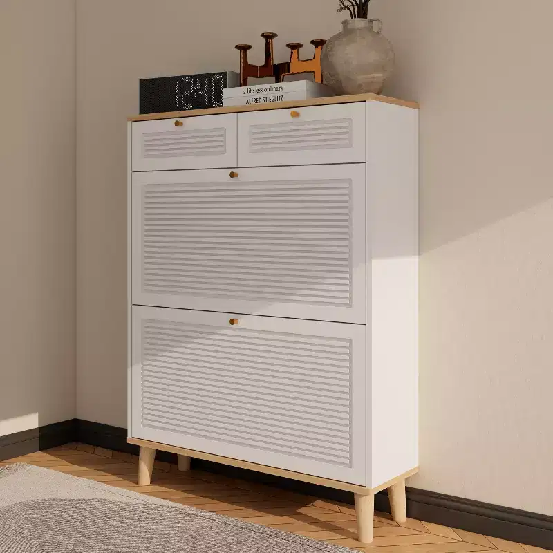 MAYEERTY Shoe Racks with 2 flip Out Doors 2 Drawers Narrow Shoe Rack Cabinet Natural Wood Legs