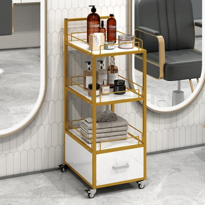 Salon Storage Trolley Cart with Lockable Wheels, Metal Frame & Marbled Board Drawer