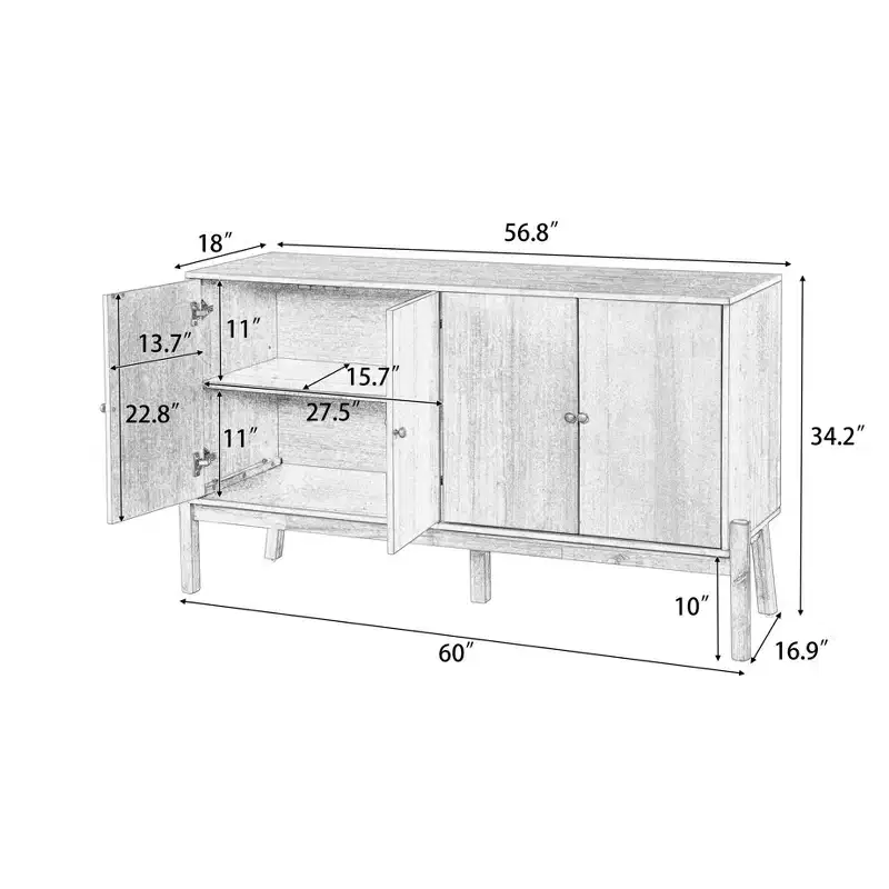 Four-door metal-handled vintage sideboard storage cabinet, MDF with acacia veneer, natural finish, suitable for dining rooms