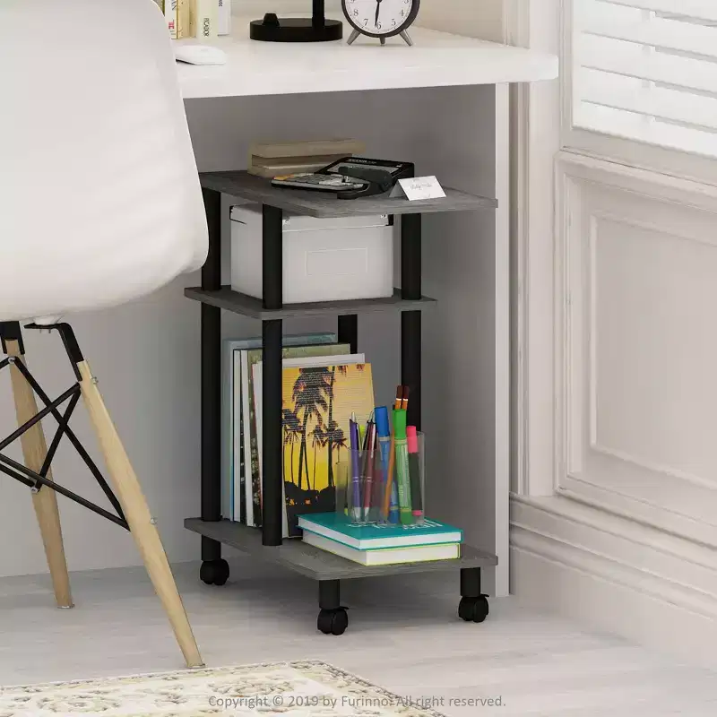 U-Shape Rolling Storage Cart Sofa Side End Table with Open Display Shelf, Oak