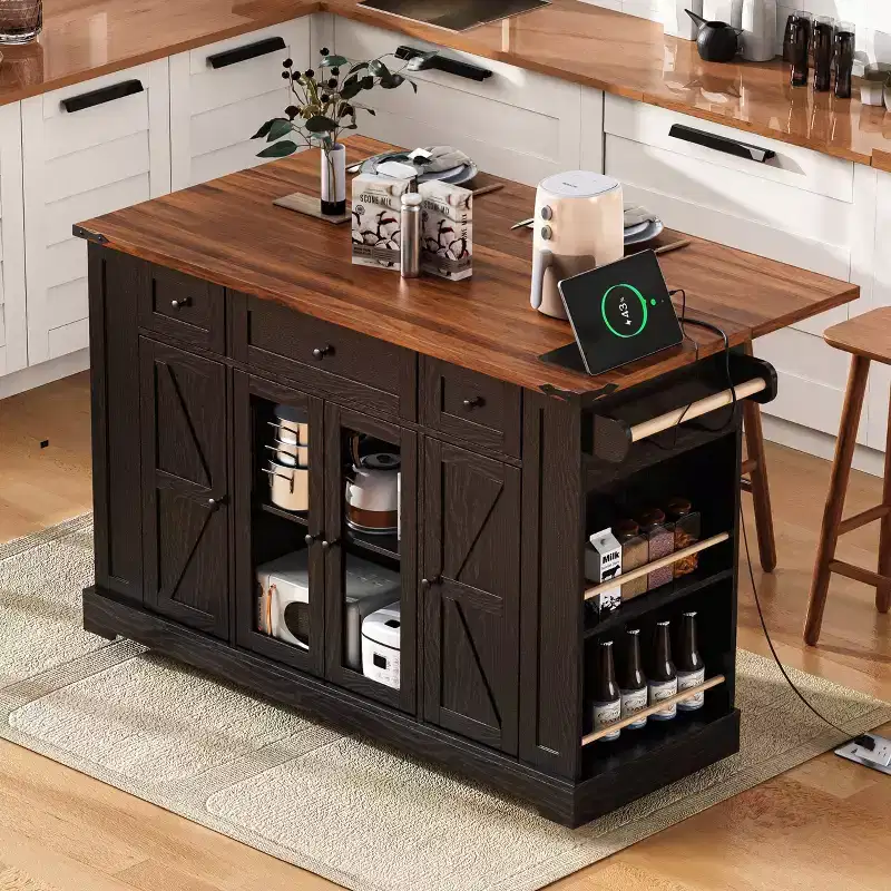 Okak Kitchen Cart with Two Tempered Glass Doors and 5 Open Side Racks, Kitchen Island with Power Outlet and Drop Leaf for Dining Room
