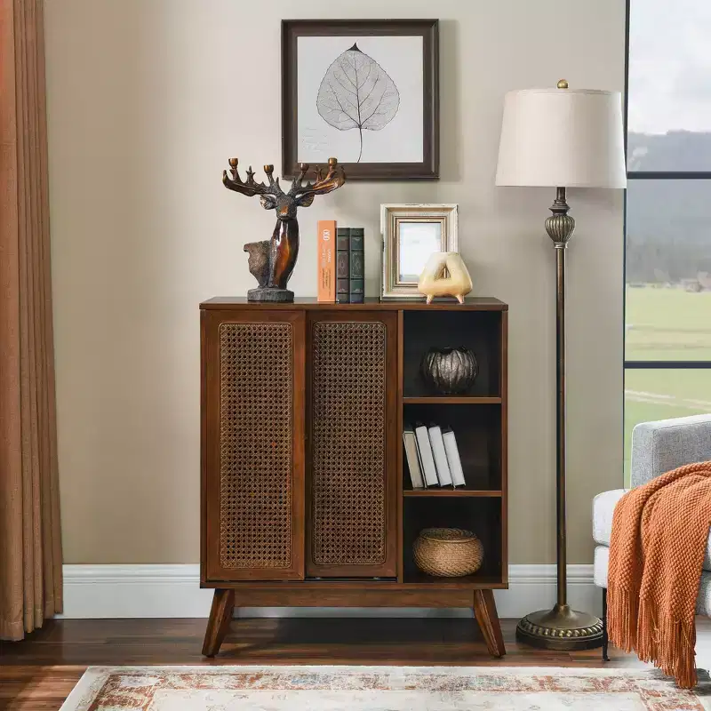 Mid-Century Modern Rattan Sideboard Cabinet with Adjustable Shelves and Solid Wood Legs, Buffet for Entryway, Living Room, Kitchen