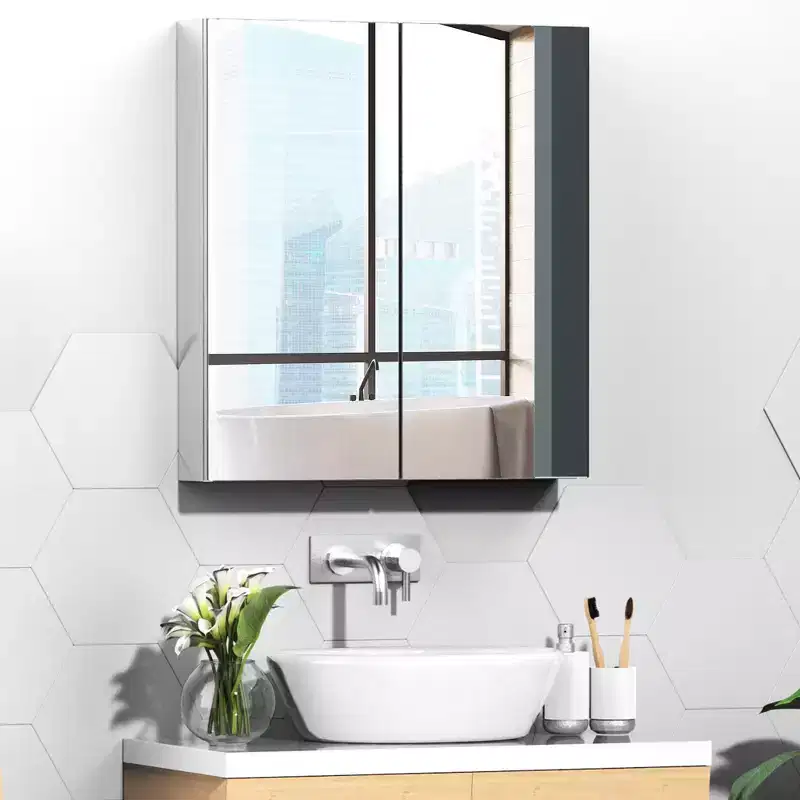 Bathroom Mirrored Cabinet, 24x26 Stainless Steel Frame Medicine Cabinet, Wall-Mounted Storage Organizer with Double Doors, Silver