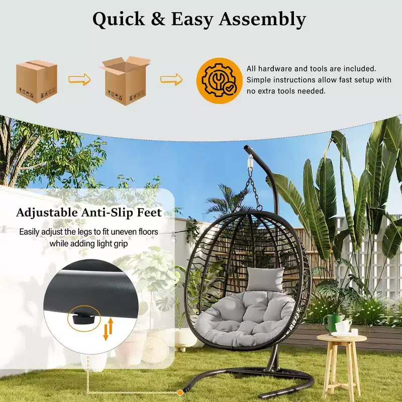Whisen Single Person Folding Egg Chair with Stand, Hammock Swing Chair with Adjustable Anti-Slip Feet