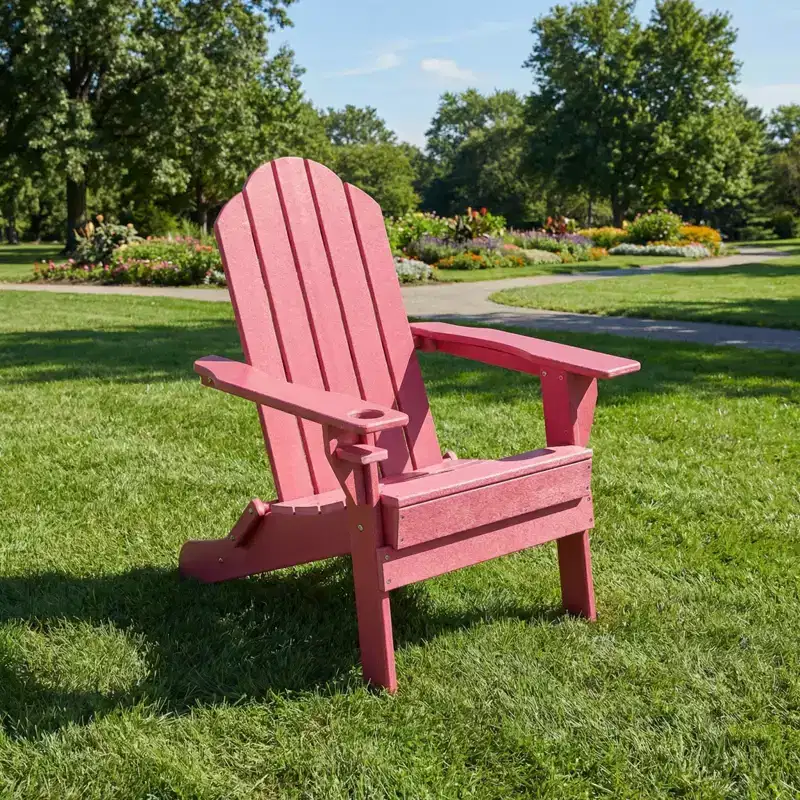 Gymax 1PC Outdoor Folding Adirondack Chair with Weatherproof Design and Built-in Beverage Holder for Your Garden Navy/Red