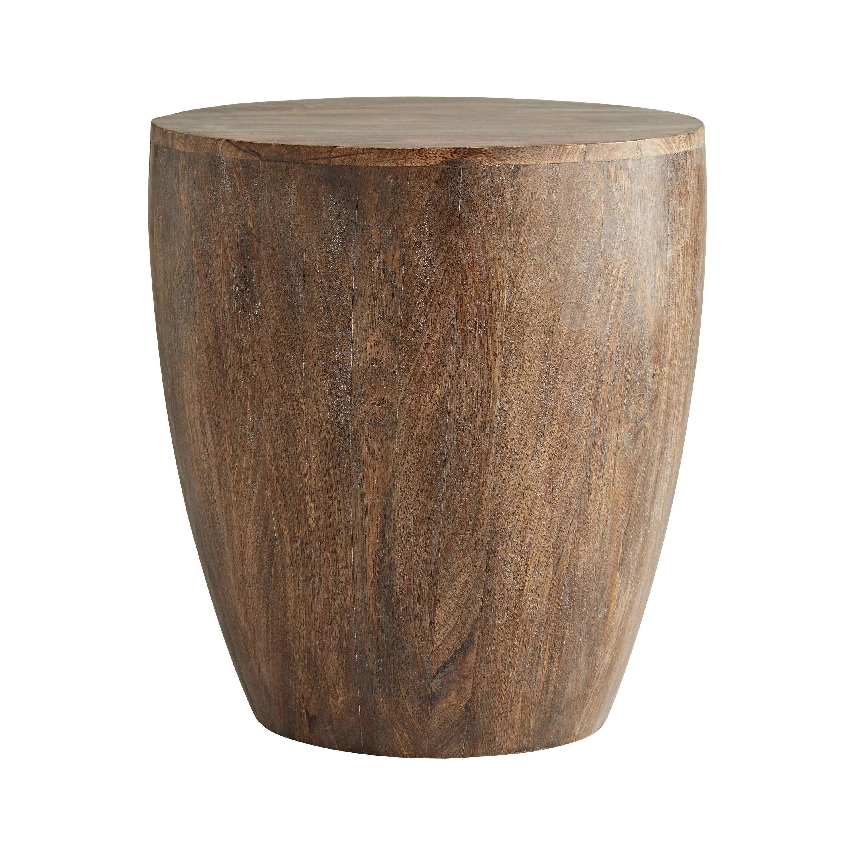 Rustic Solid Wood Side Table with Round Drum Top & Tobacco Washed Slatted Base for Living Room