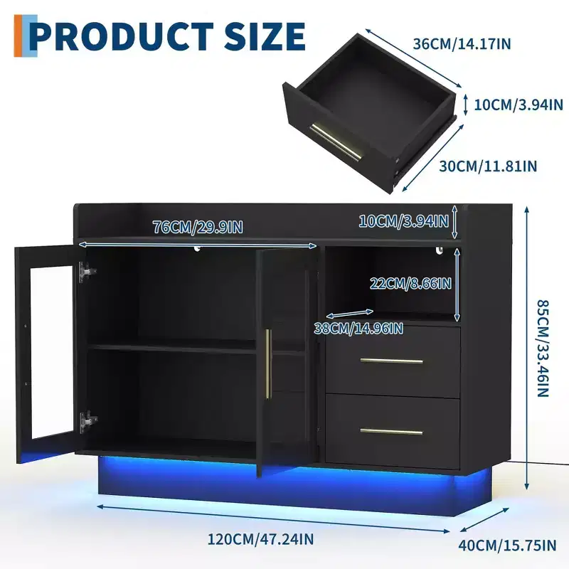 COZONY Glass Door Storage Cabinet, Freestanding Display Cabinet w/ Drawers for Living Room & Dining Room
