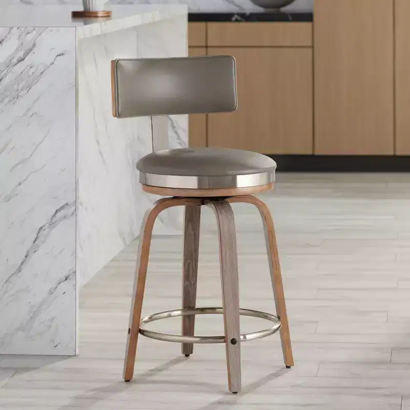 Studio 55D Tilden Wood Swivel Bar Stool Brown 26 High Mid Century Modern Gray Leather Cushion with Backrest Footrest for Kitchen Counter Height Home