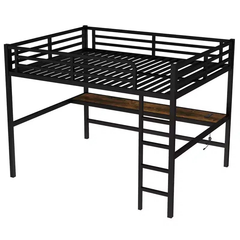 Metal Queen Loft Bed with Desk, USB Ports, Power Outlet & LED Lights, Space-Saving Noise-Free Design, Sturdy Frame, Black