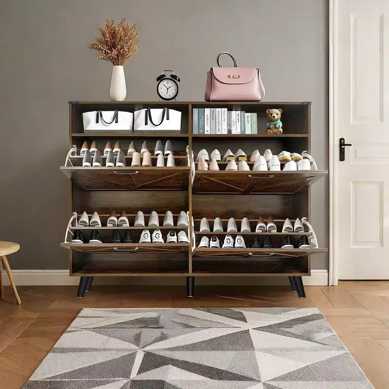 Shoe Storage Cabinet, Farmhouse Shoe Organizer with 4 Flip Drawers and Open Storage, Freestanding Narrow Shoe Rack for Entryway, Hallway