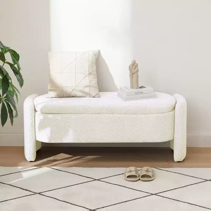 Oval Storage Bench with 3D Lamb Fleece Fabric, Large Hidden Storage for Living Room, Entryway, Bedroom - Cream White