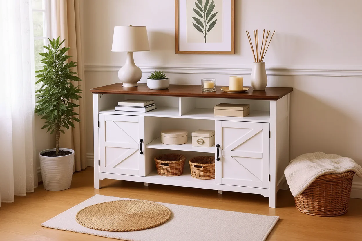 White Farmhouse Sideboard Buffet Cabinet – Sliding Door, 5 Shelves, 58.1