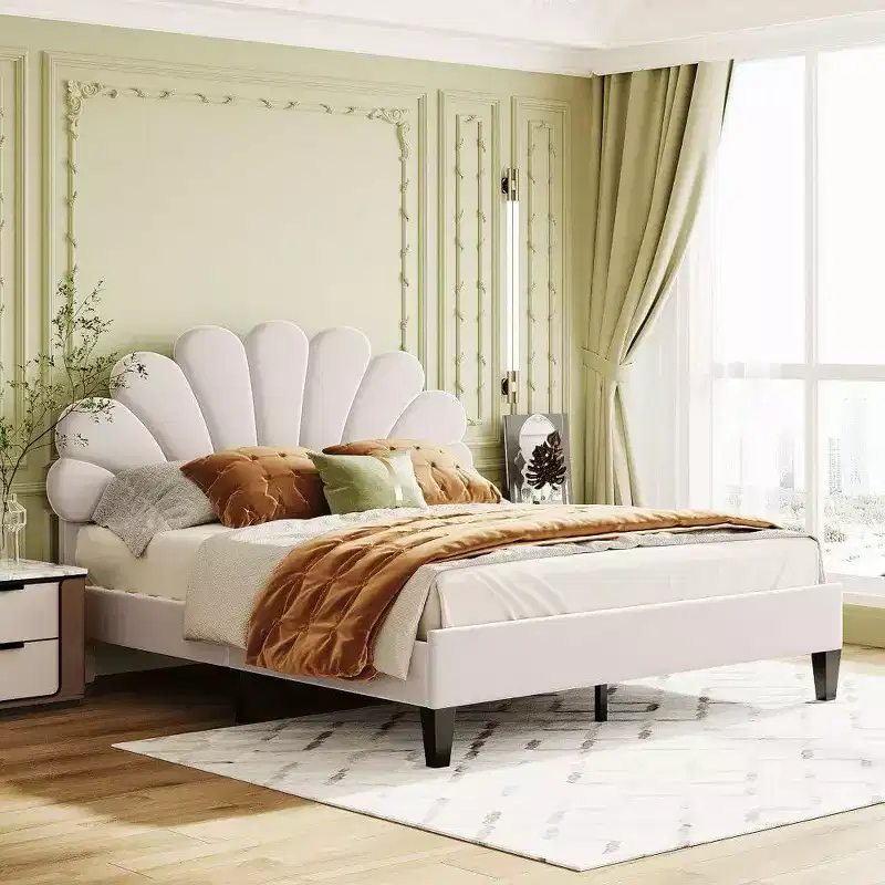 Acekool Queen Size Velvet Platform Bed with Floral Headboard, Upholstered Frame, Wood Slats Support, No Box Spring Needed, Pink