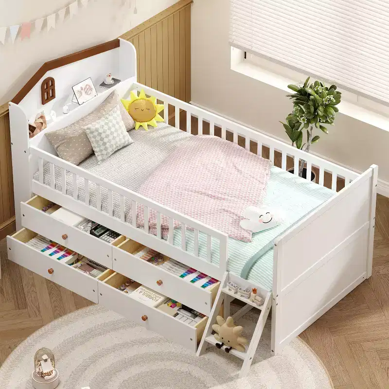 Twin Bed Frame with 4 Storage Drawers, Wood Platform Bed with Guardrail, Headboard and Ladder, White