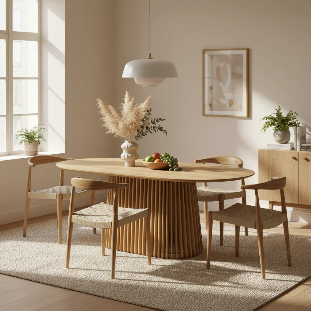 79-inch solid wood oval dining table with slatted base