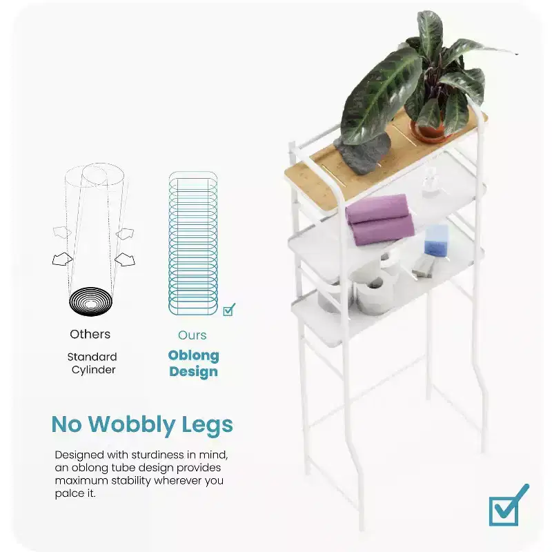 Over-the-Toilet 3-Tier Storage Organizer with Bamboo Accent and Steel Frame, Freestanding Bathroom Shelf, White