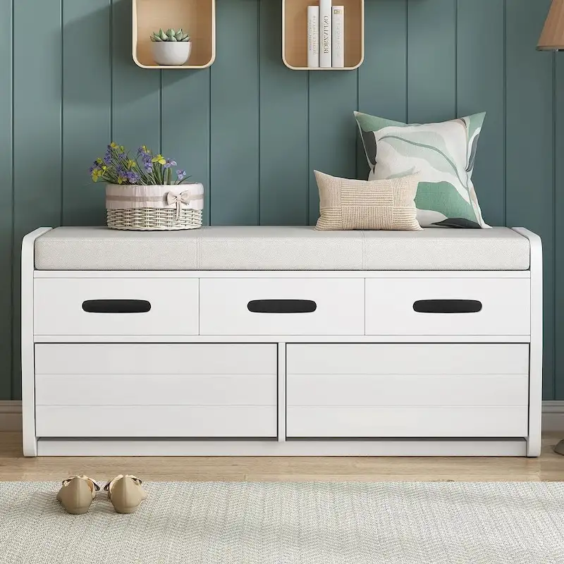 Storage Bench with 2 Drawers, Hidden Compartment & Removable Cushion – White / Navy / Espresso / Natural Wood, MDF & Acacia, 1-Person Seating