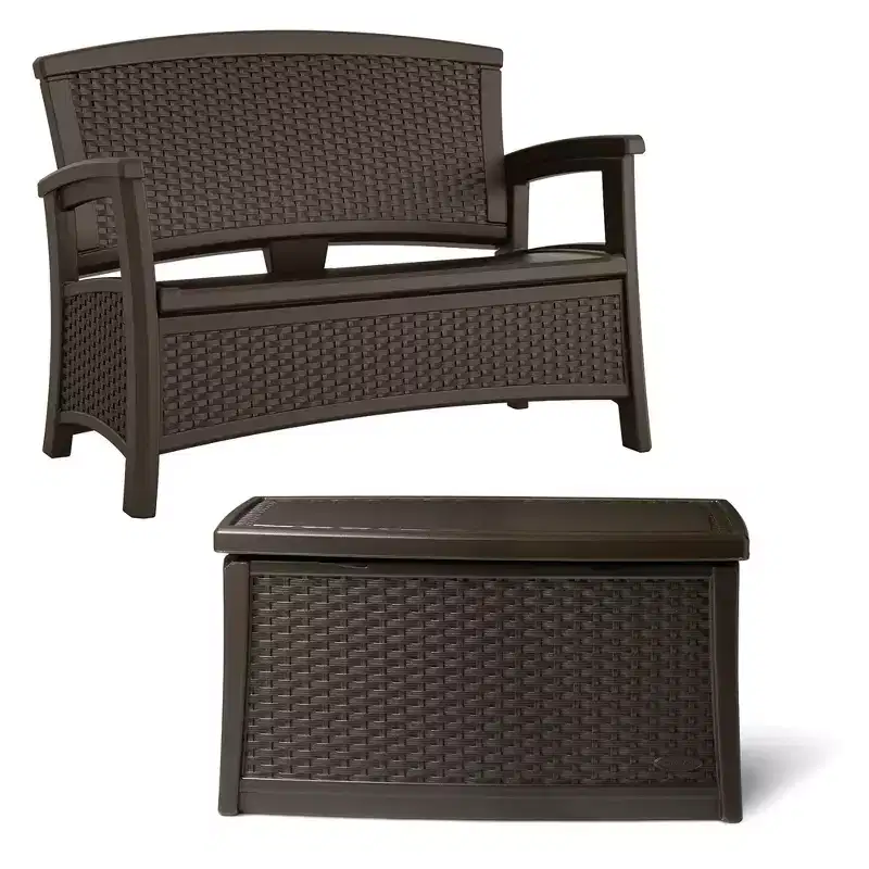 Suncast Resin Wicker Loveseat w/ Storage & Resin Wicker Coffee Table w/ Storage