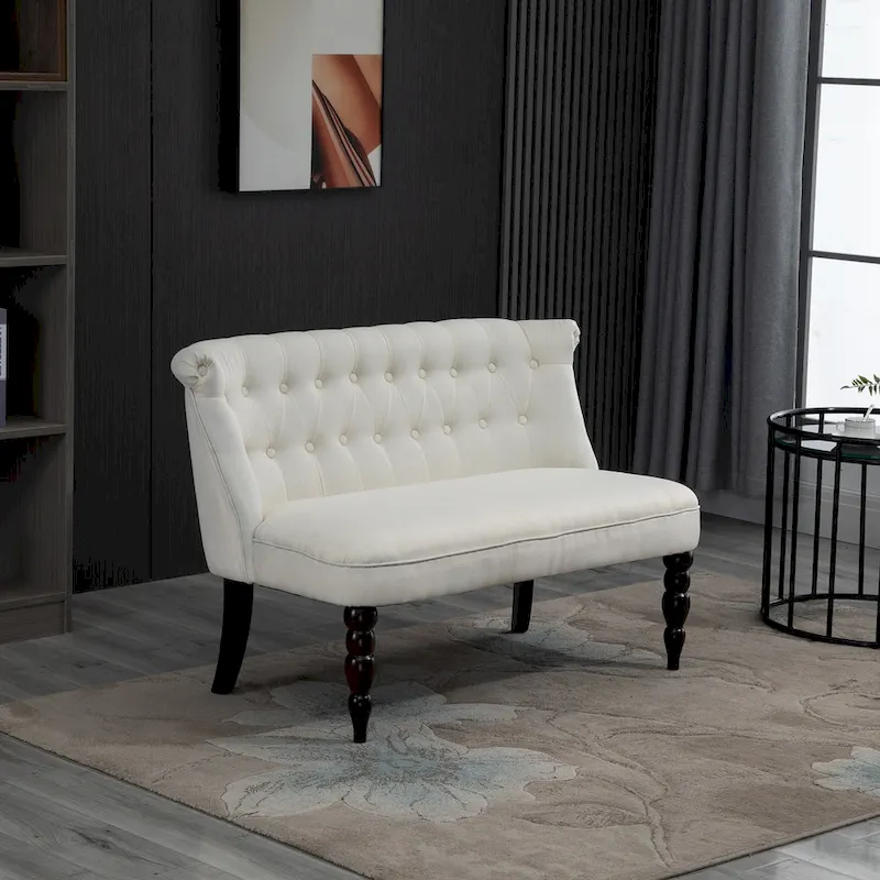 HOMCOM Upholstered Armless Fabric Loveseat with Button Tufted Design for Living Room with Wood Legs, Cream White