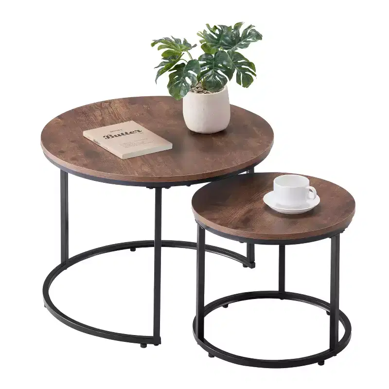 2 Piece Vintage Brown Black Nesting Coffee Table Set, 23.6 Round Metal Frame End Side Tables for Small Living Space