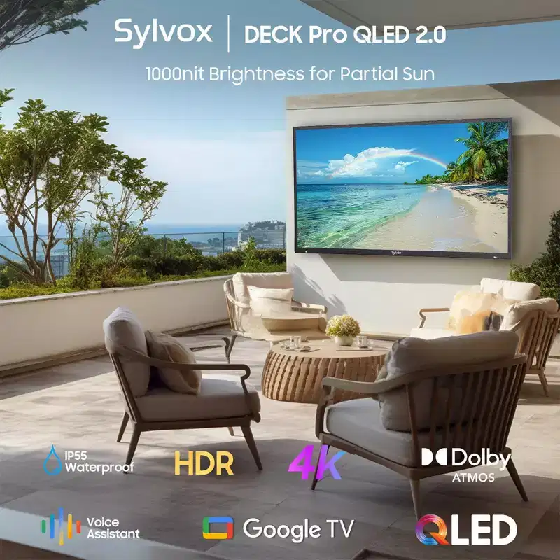 SYLVOX QLED Outdoor TV, 55'' 4K 1000nits Smart Weathrtproof TV, Google TV with Dolby Atmos, IP55 Waterproof for Partial Sun Area(Deck Pro QLED 2.0)