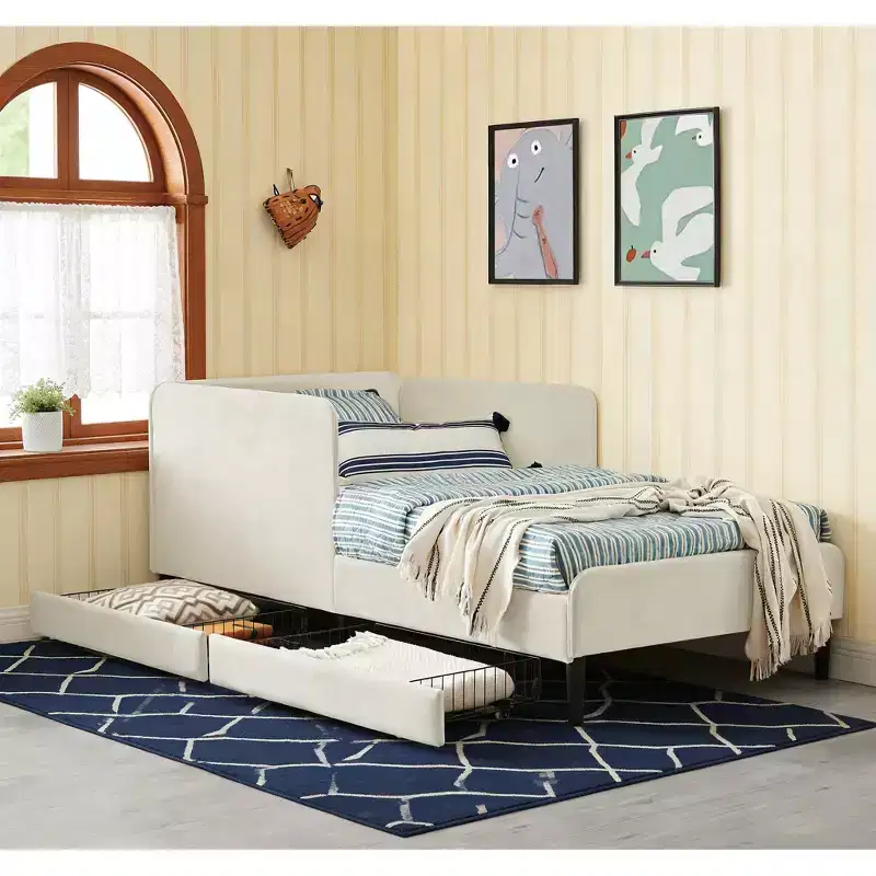 Daybed with 2 Under-Bed Storage Drawers, Adjustable Velvet Sofa Bed for Living Room & Bedroom