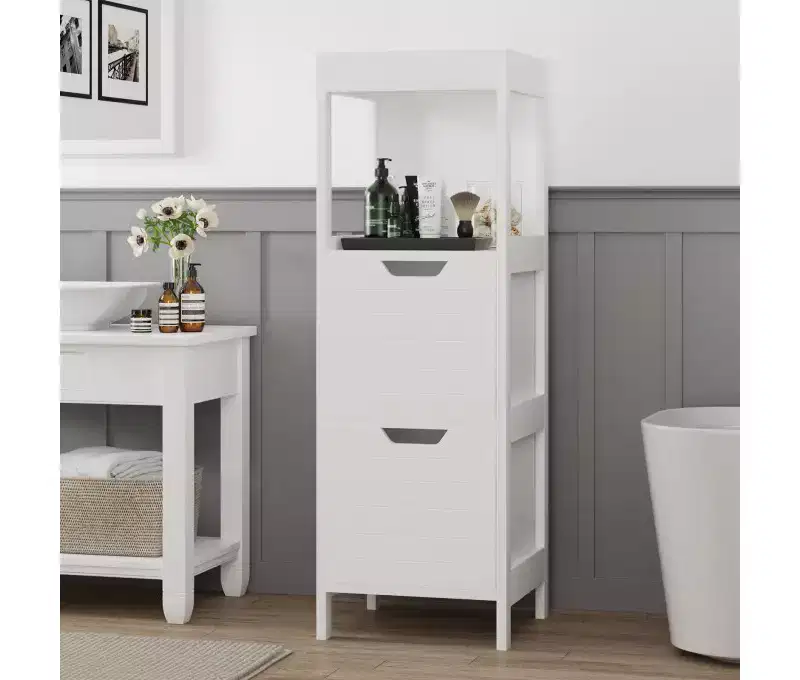 Wooden Bathroom Floor Cabinet Freestanding Storage Organizer with Adjustable Shelves and Drawers White