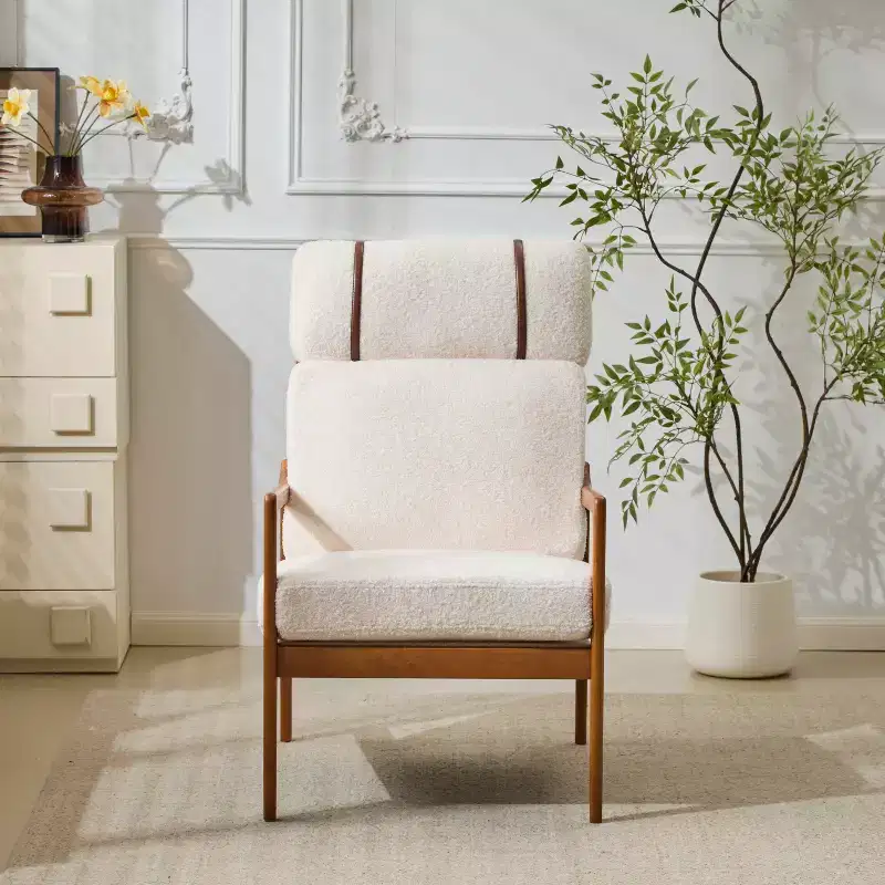 Mid-Century Modern Armchair, High Back, Cushions Included, 1-Seat, Beige/Light Gray, Walnut Legs