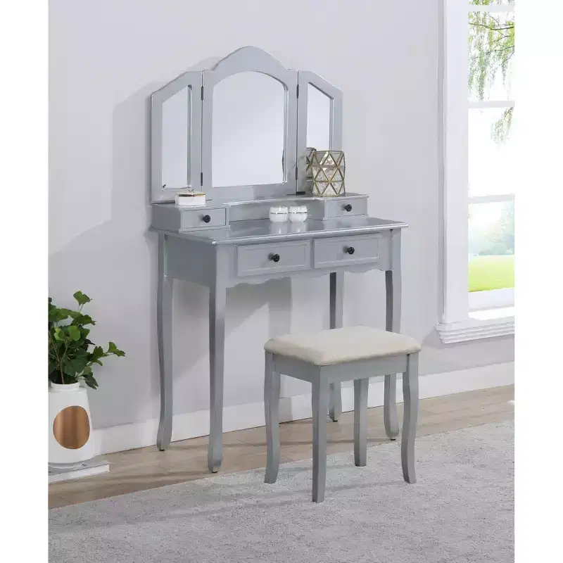 Vintage Wooden Vanity with Stool, 3-Piece Mirror & 4 Drawers
