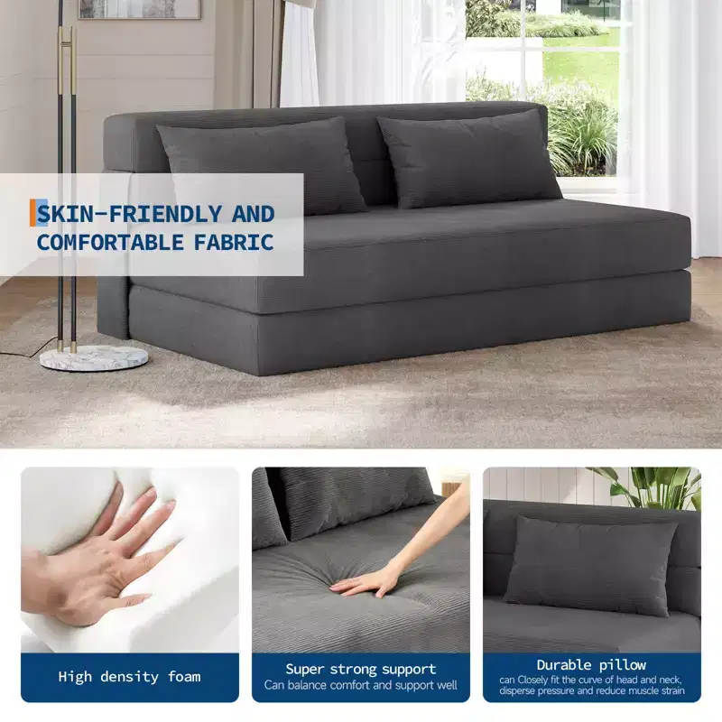 Convertible Folding Sofa Bed Sleeper Chair - Linen Futon Couch with Pillow for Living Room, Bedroom, Dorm, Apartment, Home Office - Dark Gray