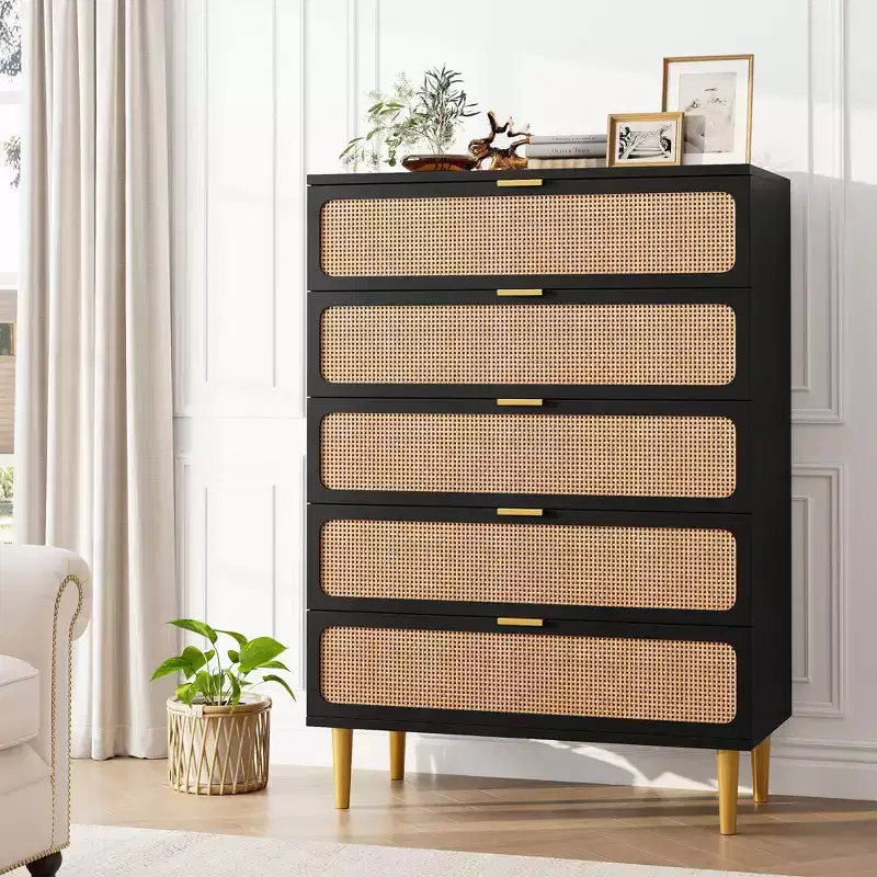 Garvee Rattan 5 Drawer Dresser for Bedroom, Tall Chest with Wide Top and Deep Storage Drawers for Living Room, Hallway, Kids Room