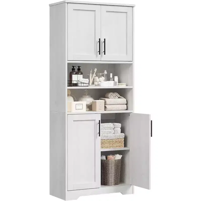 67 Inch Tall Storage Cabinet with Adjustable Shelves, Modern Bathroom Linen Tower with Doors and Open Shelves, White