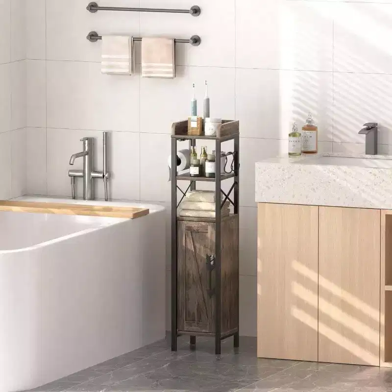 Small Bathroom Cabinet with Door and 2 Shelves, Slim Metal Toilet Paper Holder, Narrow Storage Organizer for Tiny Space