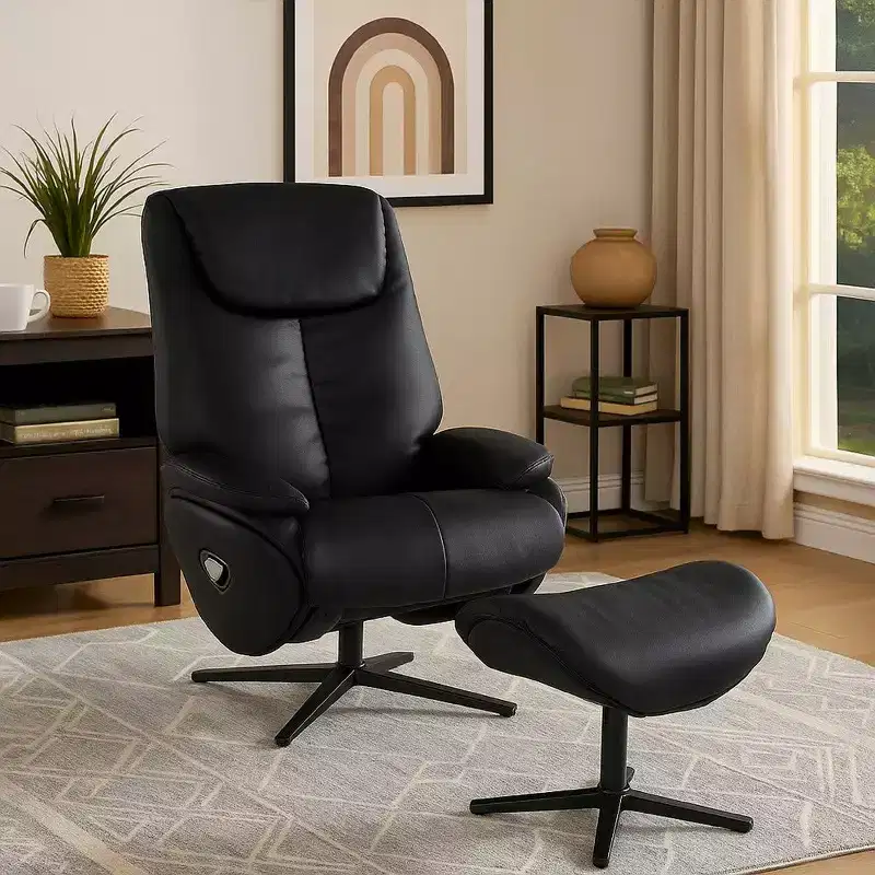 Swivel Accent Chair with Ottoman, Plush Black Top Grain Leather