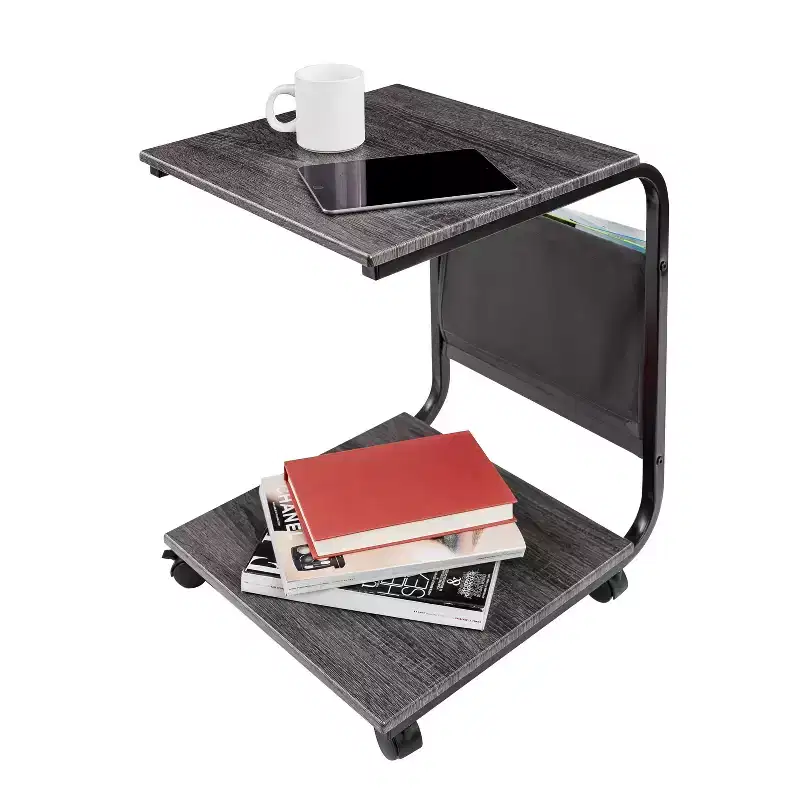 Seville Classics Rustic Ashwood C-Shaped End Table with Side Pocket Storage