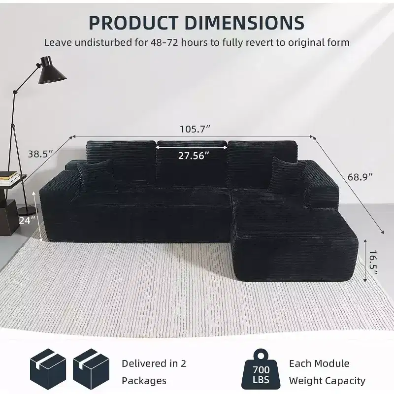 MooxvMoo 105 Modular Sectional Sofa with Throw Pillow & Deep Seat for Living Room,Comfy Plush L Shaped Couch with Chaise, No Assembly Required, Black