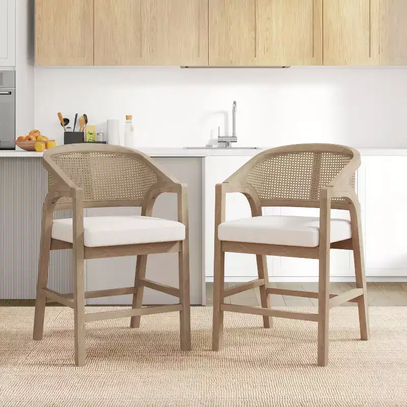 Christopher Knight Home Nat Upholstered Rubberwood Counter Stools with Curved Cane Back (Set of 2)