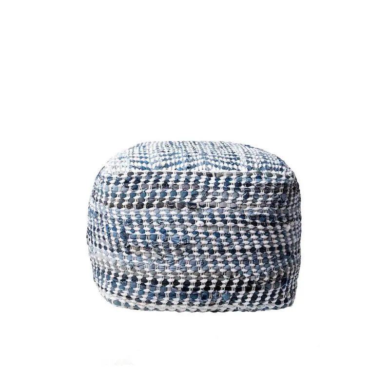 Blue Handmade Denim Ottoman Pouf, Single Seat