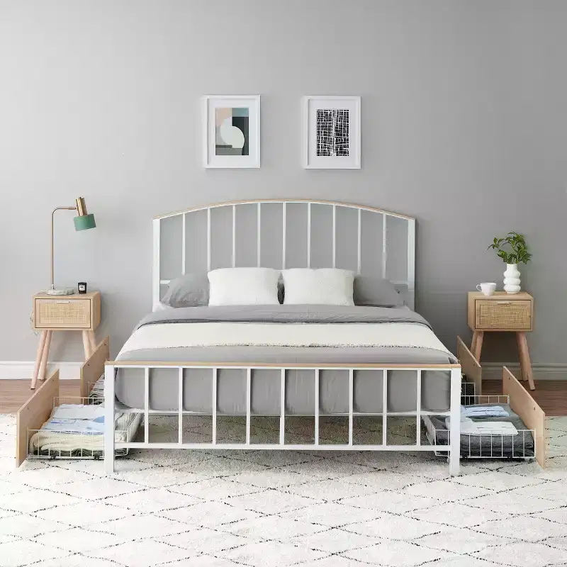 Full/Queen Metal Platform Bed Frame, Headboard & Large Storage, No Box Spring, White