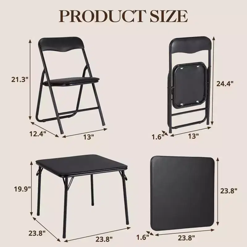 Metal Folding Card Table and Chair Set of, Leather Padded Folding Chairs with Comfortable Cushion and Durable Steel Frame, Modern Square Table