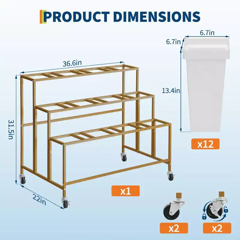 Coolmee Flower Display Stand with 12 Square Buckets, Metal Flower Cart with Wheels for Patio, Garden, Shop, Indoor and Outdoor