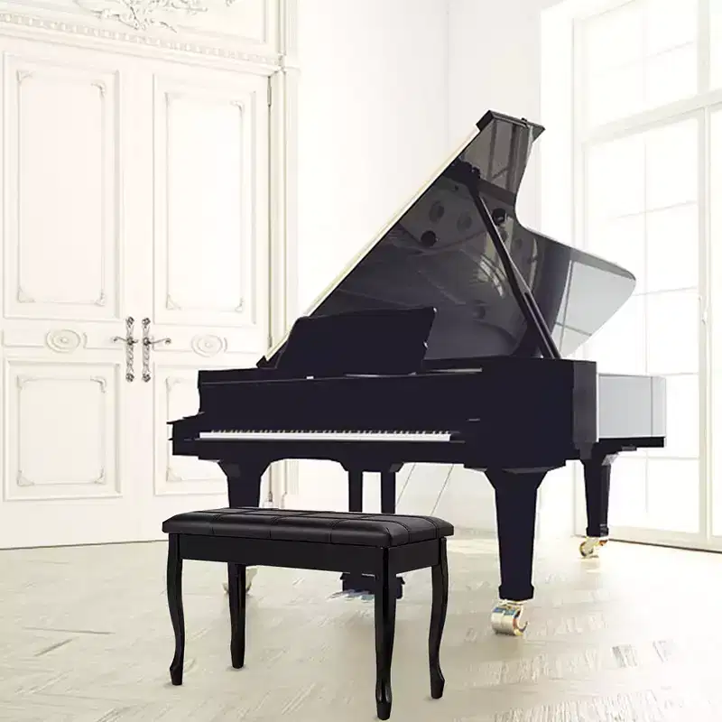 PU Leather Wood Piano Bench with Storage – Double Seat, Black
