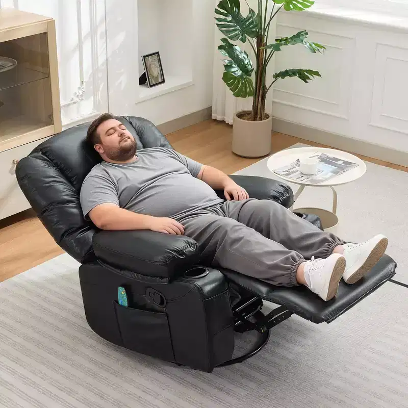 360 Swivel Rocker Recliner Chair with Massage and Heat, Oversized PU Leather Recliner with Side Pockets and Cup Holders for Living Room, Nursery