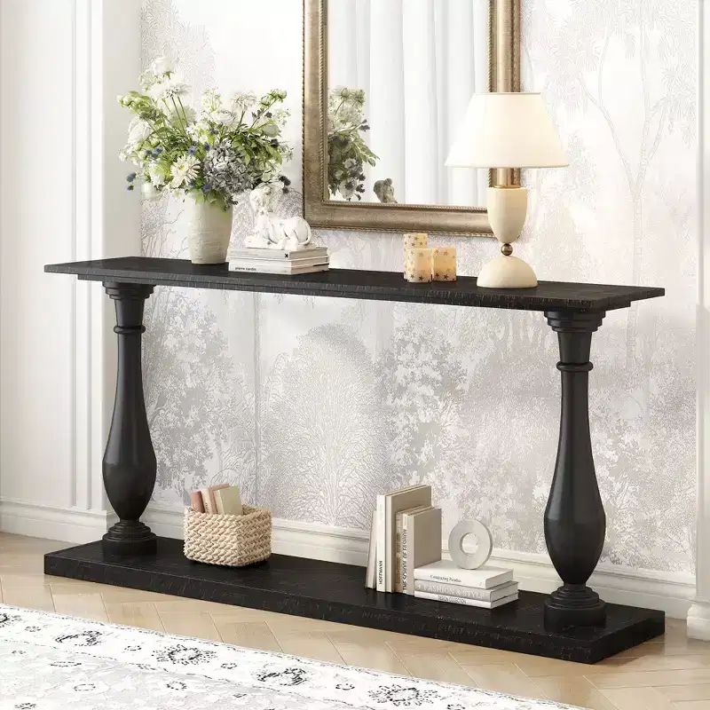 Okak 63IN Vintage Entryway Table with Pine Veneer, Console Table with Elegant Tapered Legs and Open Shelf, Hallway Table for Living Room, Black