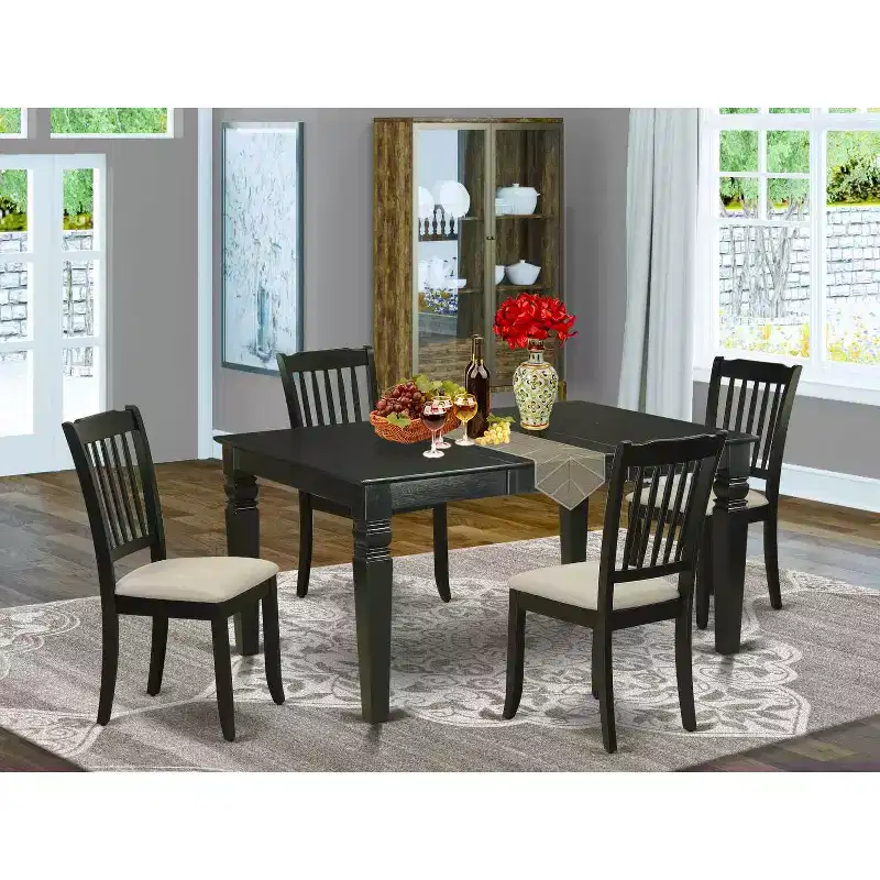 HomeStock 5-Piece Rectangle Black Finish Solid Wood Top Dining table with 4-Chairs with Butterfly Leaf Slat Back