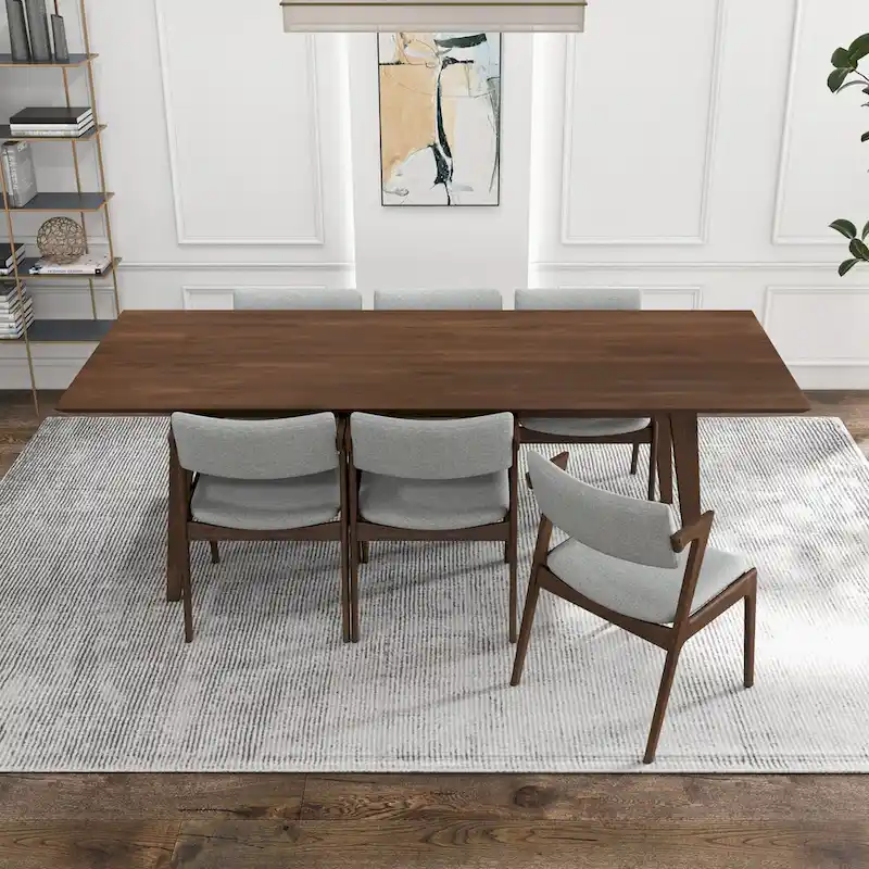 Ayven Mid-Century Style 7 Piece Solid Wood Dining Set in Walnut Brown