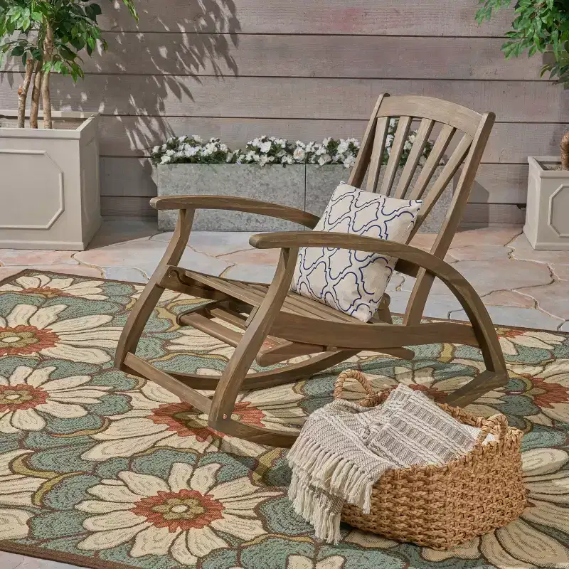 Okak Outdoor Acacia Wood Rocking Chair with Retractable Foot Panel, Patio Accent Chair with Fixed Armrests, Patio Rocking Chairs for Porch, Gray