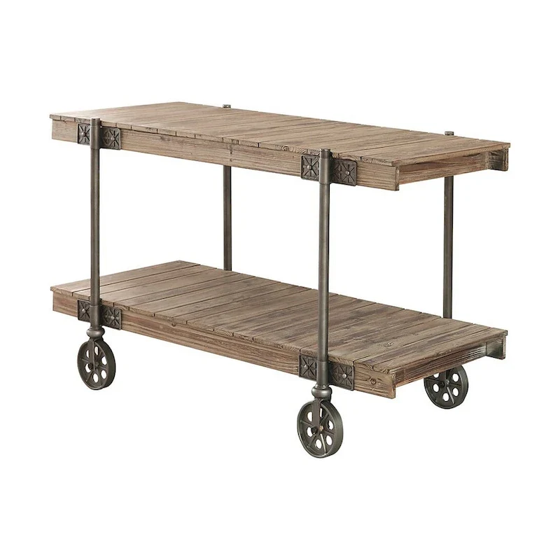 Industrial Sofa Table with Slatted Plank Design and Wheel Legs - 47W