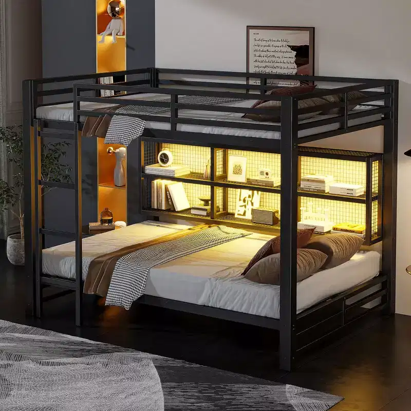 Metal Queen over Queen Bunk Bed with Storage Cabinets, LED Lighting & Guard Rails